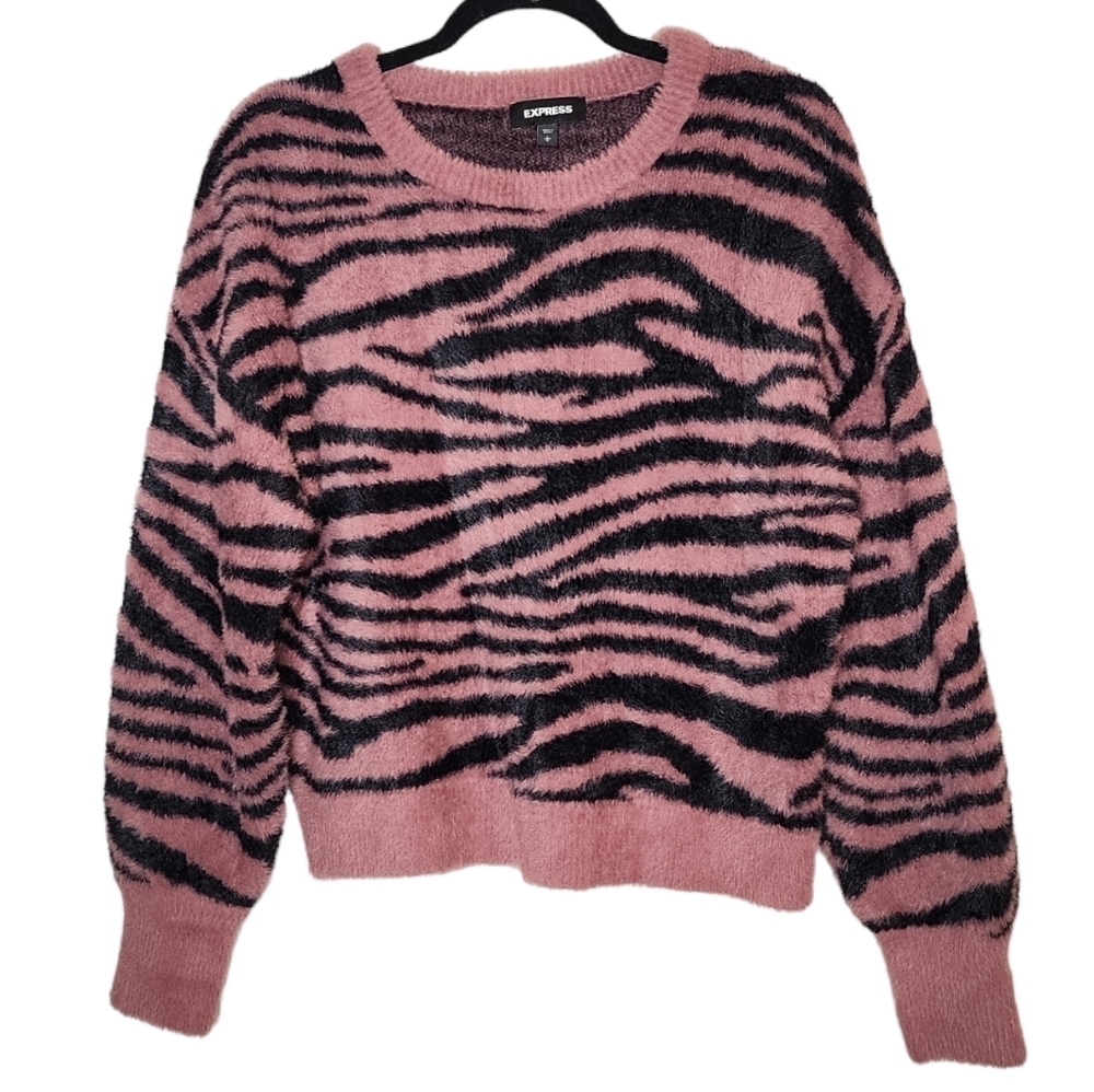 Express Fuzzy Faux Fur Pink Mauve Black Zebra Sweater Size Large Super Soft